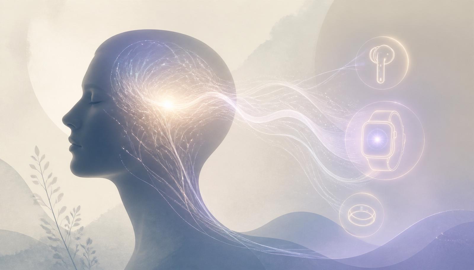 Abstract illustration of a human silhouette with neural traces flowing toward earbuds, a smartwatch, and a ring
